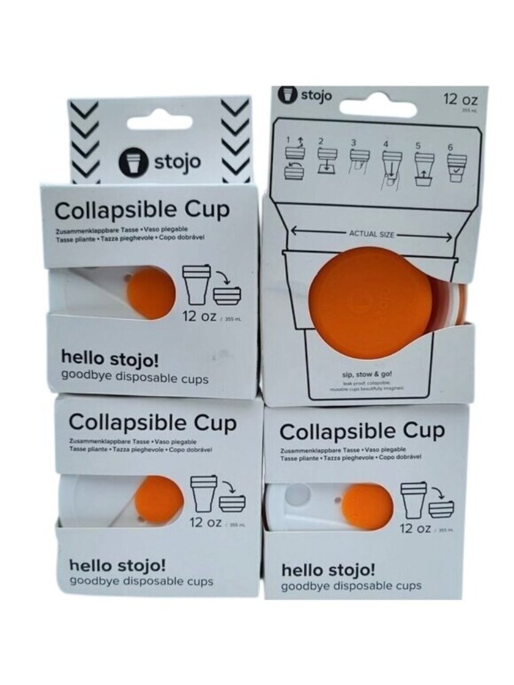 Lot of 4 Stojo Collapsible Cup 12 oz Orange White Portable Travel Tea Coffee NEW